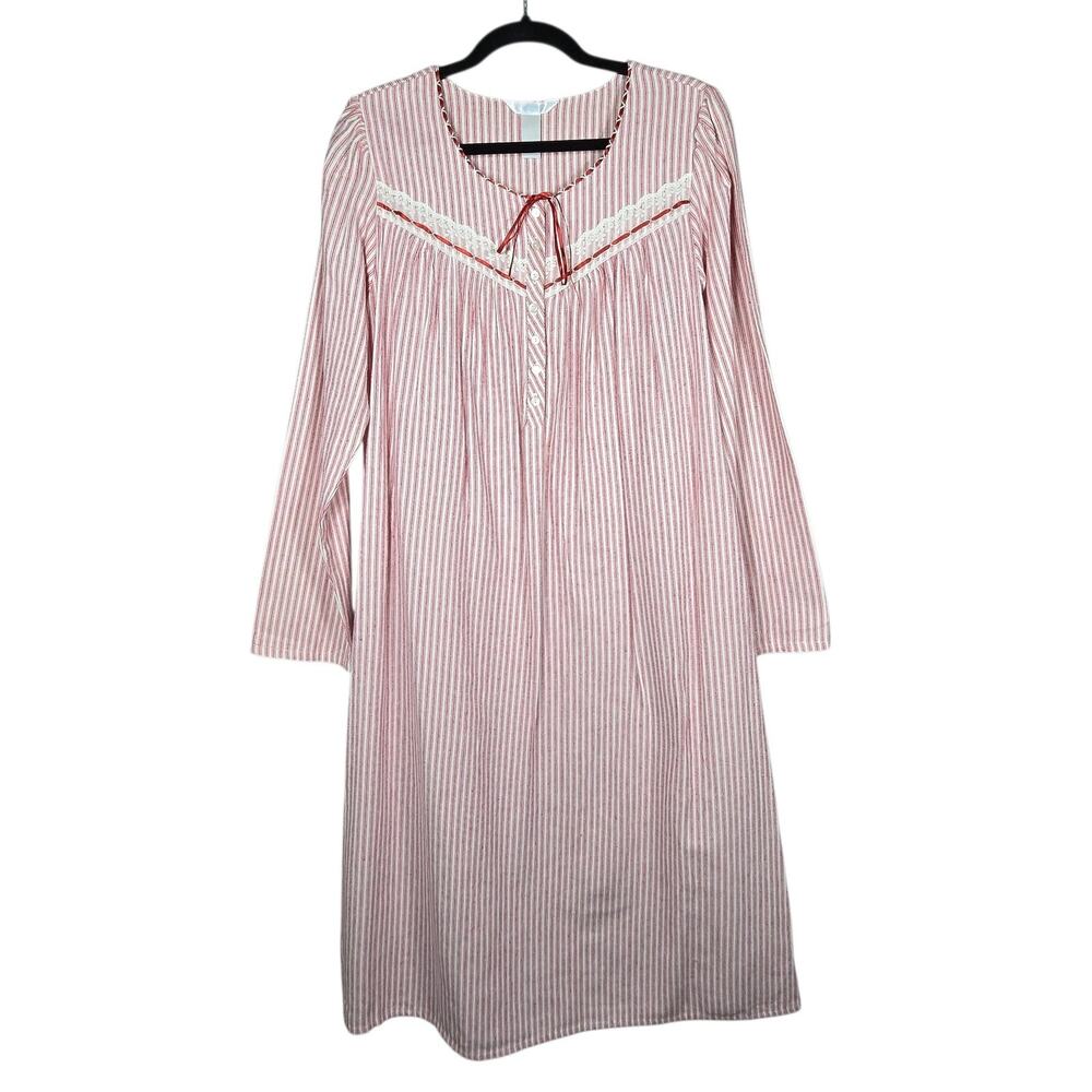 Adonna Womens Medium Red White Striped Flannel Nightgown Long Sleeve Cozy Gown